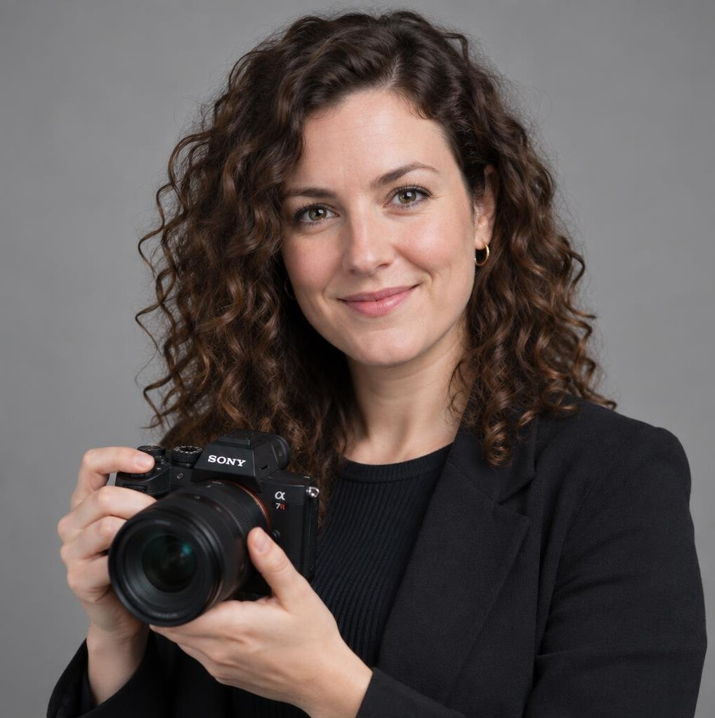 Studio portrait of a British woman with curly hair holding a camera