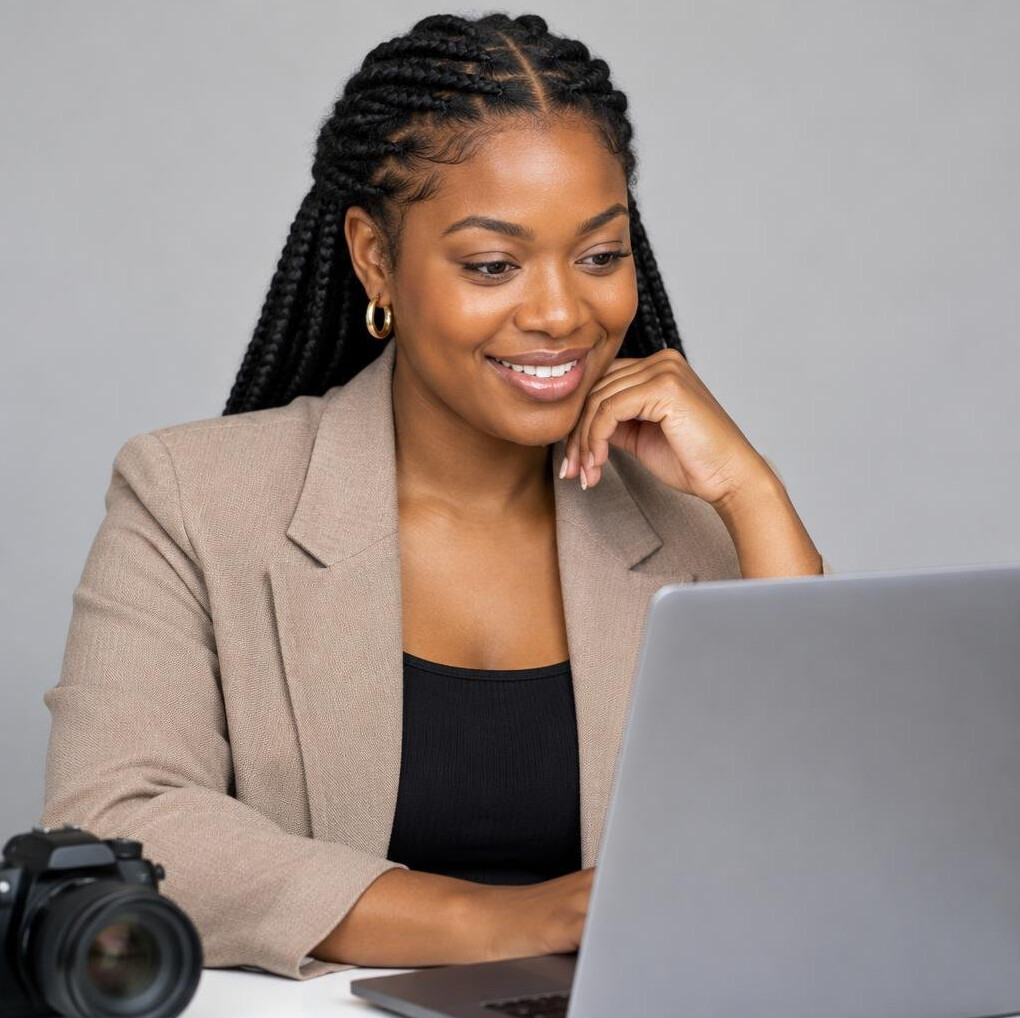 Studio portrait of a Black British woman reviewing photos on a laptop