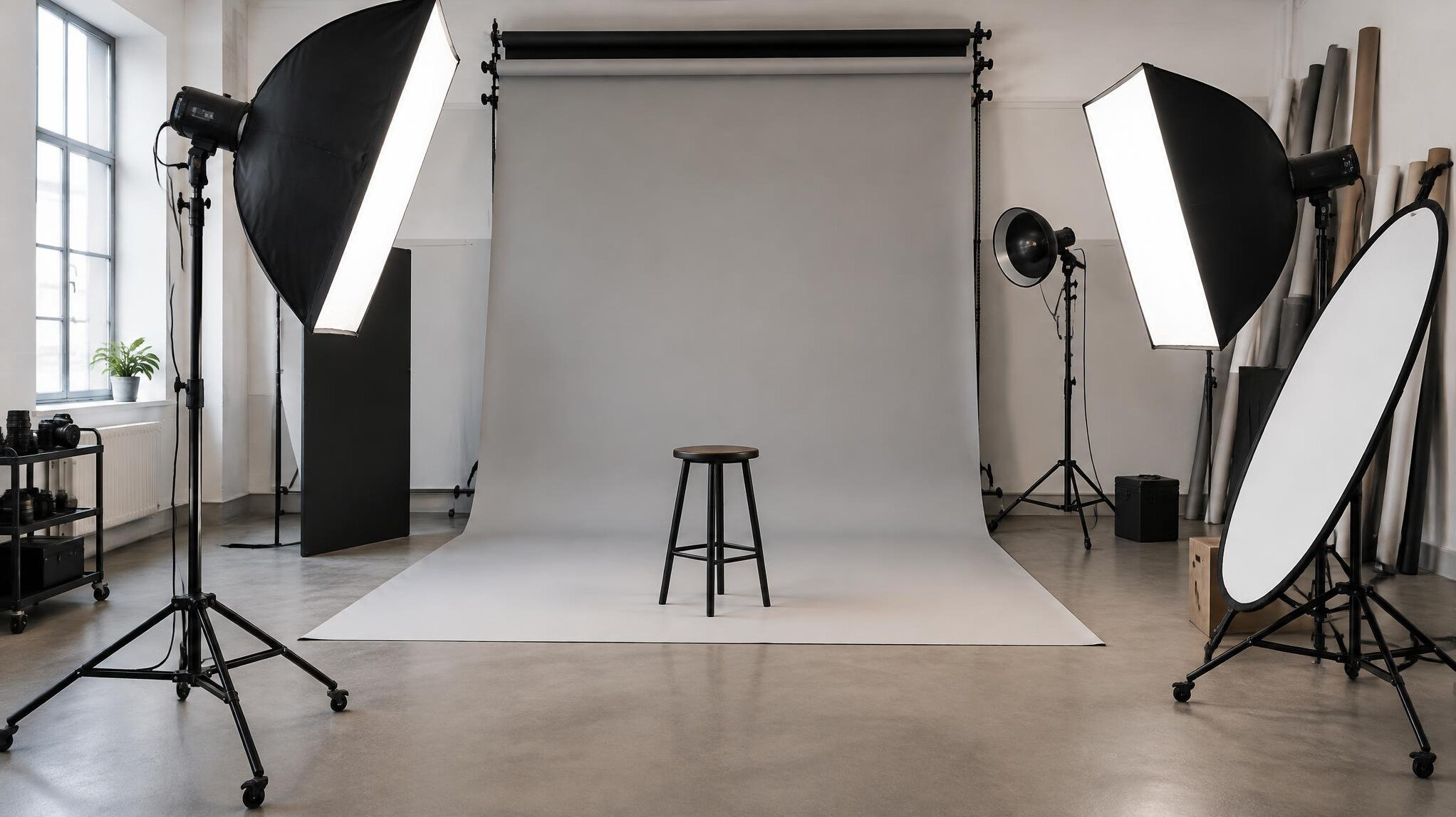 Studio lighting rig with softboxes and stands ready for a shoot