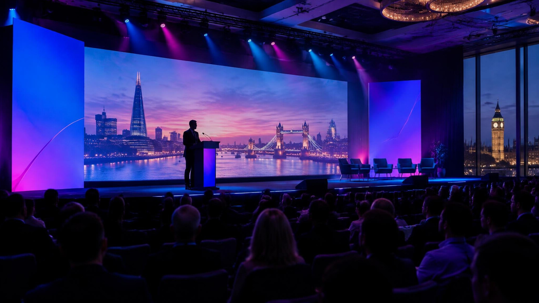 Wide shot of a conference stage lit with stage lighting