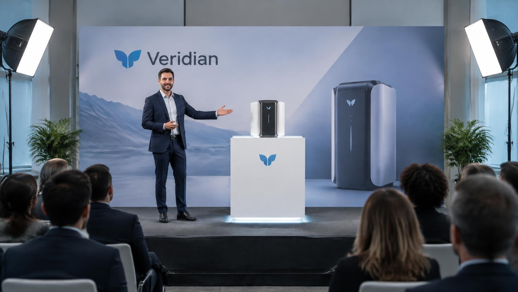 Product launch event with branded backdrop and studio lights