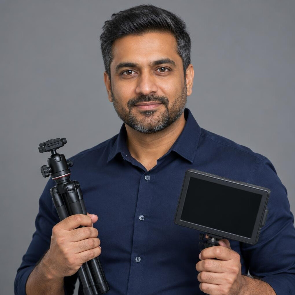 Studio portrait of a South Asian British man holding a tripod and monitor