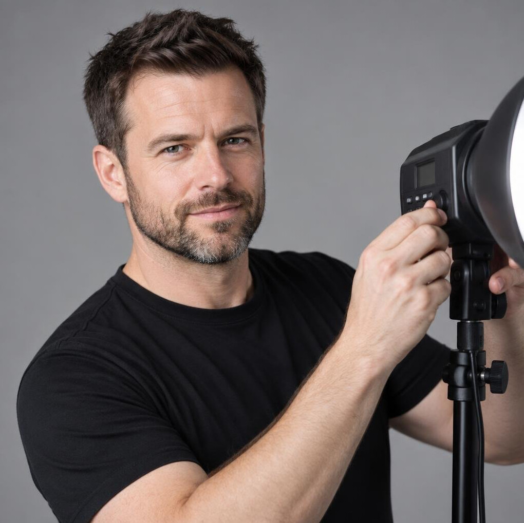 Studio portrait of a British man with short beard adjusting a flash unit